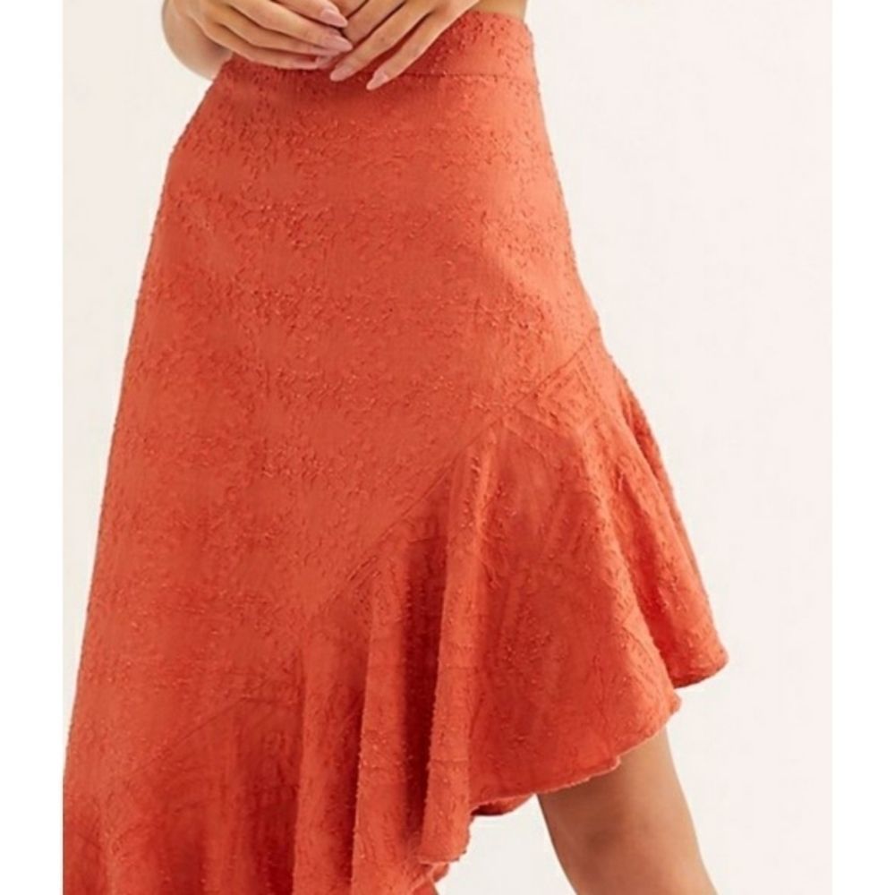 Free People Serena Asymmetrical Ruffle Midi Skirt 100% Cotton Orange sz 8 NEW - Picture 2 of 10